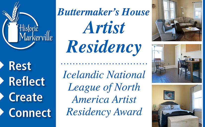Promotional image for Markerville Buttermaker’s House Artist in Residence Award, featuring the program’s logo and phrases like “Rest, Reflect, Create, Connect,” plus three photos highlighting a cozy living room, studio space, and bedroom.