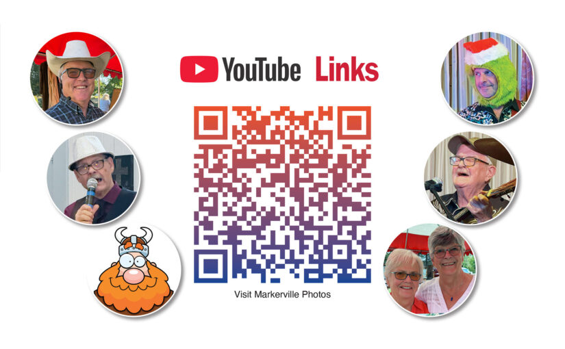 A QR code for YouTube Winter 2025 links is centered, surrounded by photos of smiling people, a man in a Santa hat, a cartoon Viking face, and two women posing together. Text at bottom reads, Visit Markerville Photos.